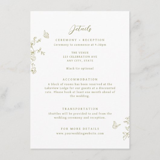 Floral Line Art Butterflies Wedding Details Informatiekaartje (Voorkant)
