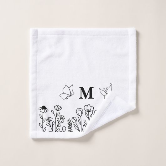Floral Line Art Custom Monogram Bad Handdoek (Wasdoekje)