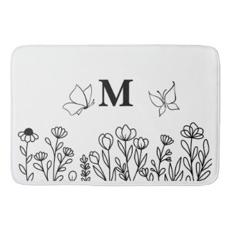 Floral Line Art Custom Monogram Badmat