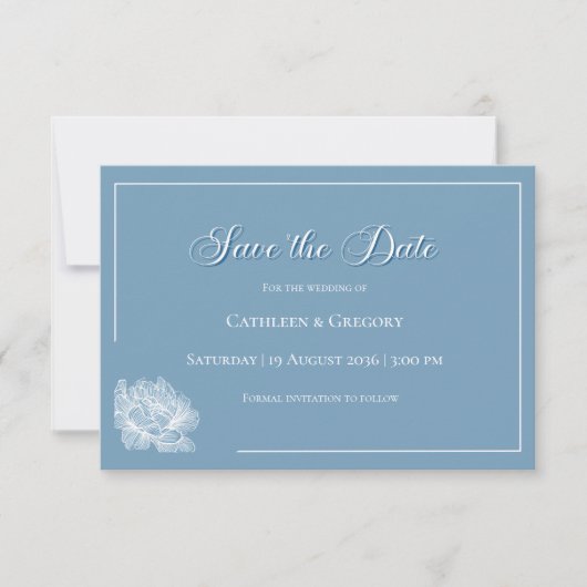 Floral Line Art Dusty Blue White Wedding Save The Date (Voorkant)