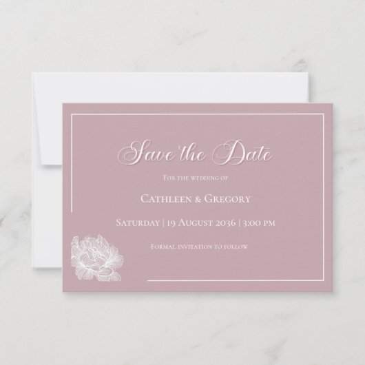Floral Line Art Dusty Rose and White Wedding Save The Date (Voorkant)