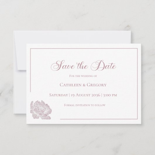 Floral Line Art Dusty Rose and White Wedding  Save The Date (Voorkant)