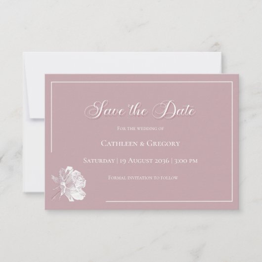 Floral Line Art Dusty Rose White Wedding Save The Date (Voorkant)