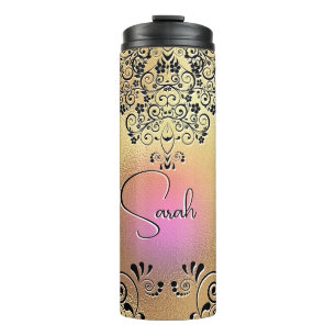 Floral Line Art Elegant  Gold Pink Black Thermosbeker