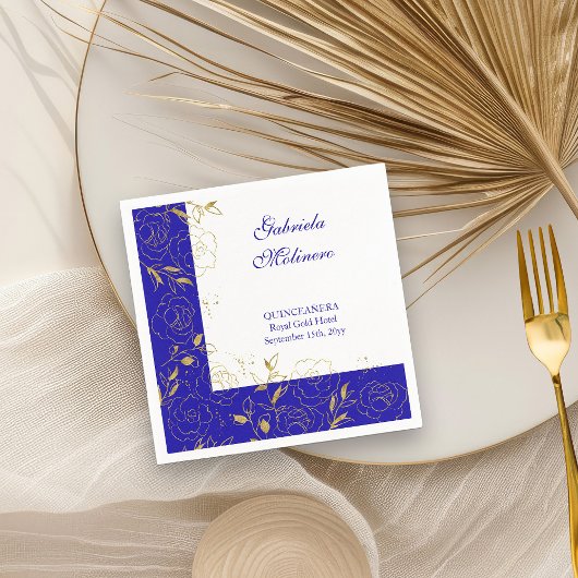 Floral Line Art Elegant Royal Blue en Gold Party Servet