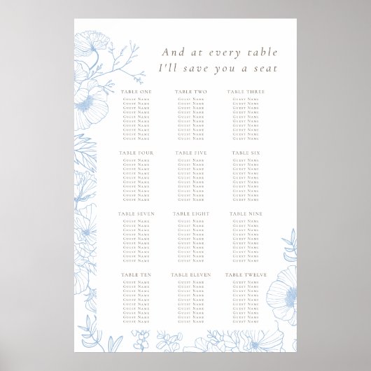 Floral Line Art Frans Blauw Huwelijk Zitting Grafi Poster (Voorkant)