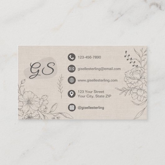 Floral Line Art Linen Elegant Script Visitekaartje (Achterkant)