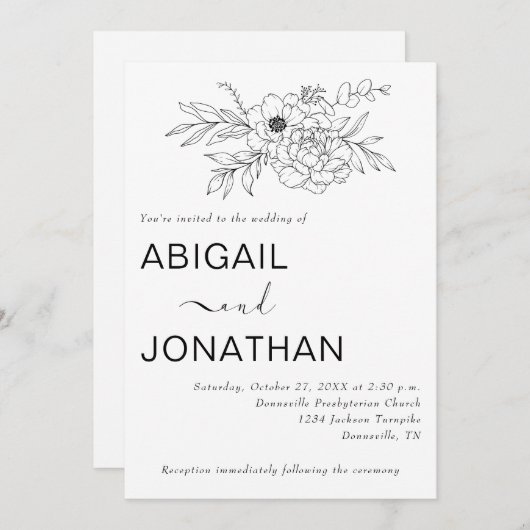 Floral Line Art Minimal Eenvoudige bruiloft op maa Kaart (Voorkant / Achterkant)