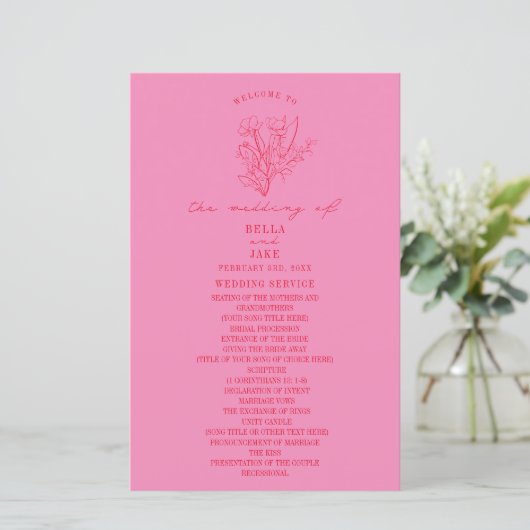 Floral Line Art Pink Red Wedding Programme (Staand voorkant)