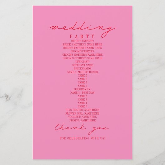 Floral Line Art Pink Red Wedding Programme (Achterkant)