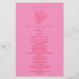 Floral Line Art Pink Red Wedding Programme