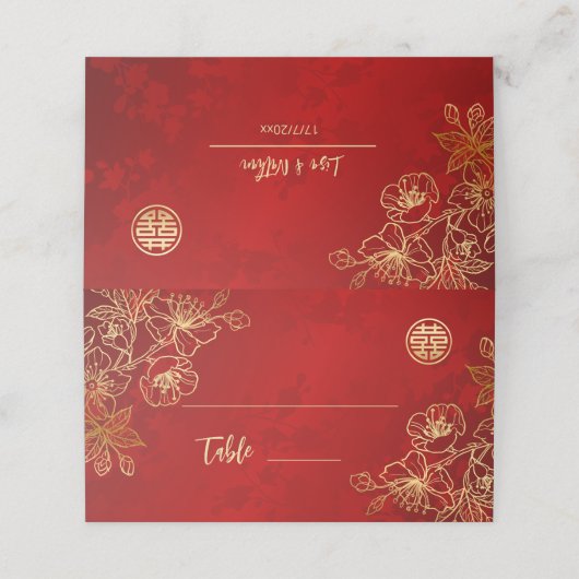 Floral Line Art Rood Goud | Chinese bruiloft Plaatskaartje (Buitenkant ongevouwen)