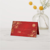 Floral Line Art Rood Goud | Chinese bruiloft Plaatskaartje (Voorkant)