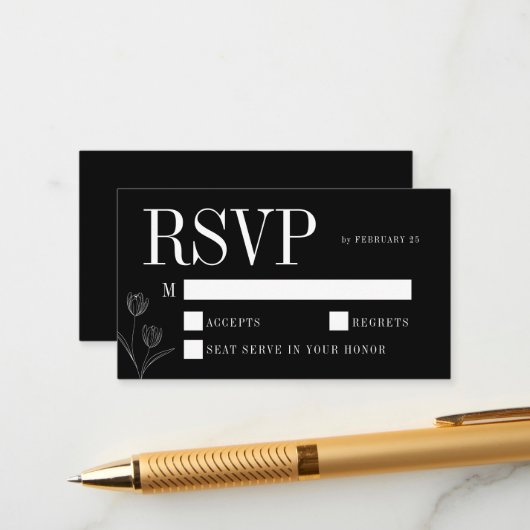 Floral Line Art Rustic Black Elegant Wedding RSVP Informatiekaartje (Voorkant / Achterkant in situ)