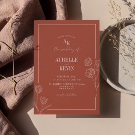 Floral Line Art Rustic Terracota Elegant Wedding  Kaart