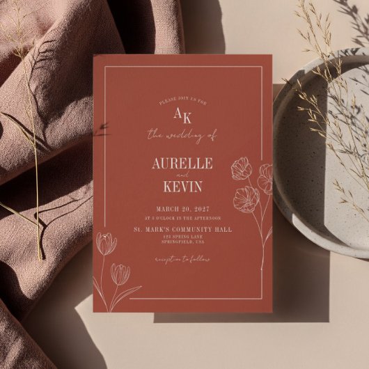 Floral Line Art Rustic Terracota Elegant Wedding  Kaart