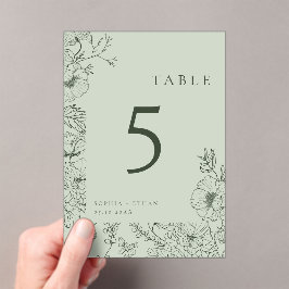 Floral Line Art Sage Green Trouwtafel Nummer Acryl Uitnodigingen