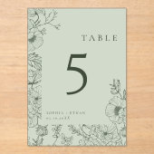 Floral Line Art Sage Green Trouwtafel Nummer Acryl Uitnodigingen (Voorkant)