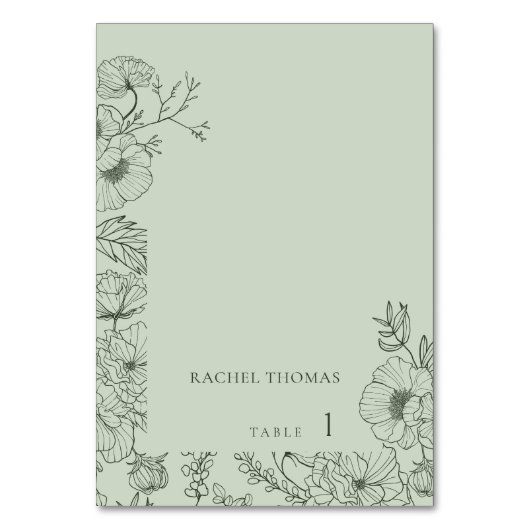 Floral Line Art Sage Green Wedding Place Card Kaart (Voorkant)