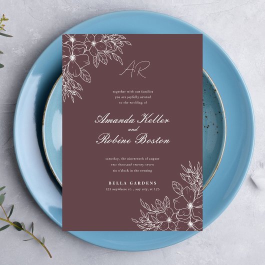 Floral Line Art Wedding Uitnodiging