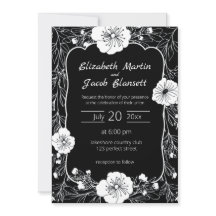 Floral Line Art White en Black Wedding Invitation