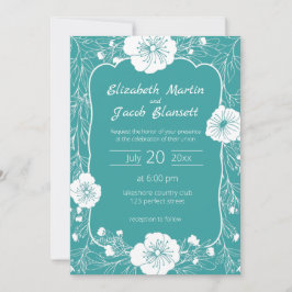 Floral Line Art White en Blauwgroen Weddenschap Kaart