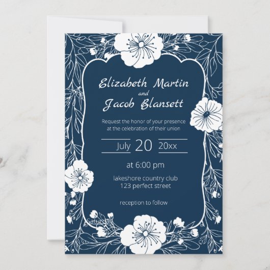 Floral Line Art White en Blue Wedding Invitation Kaart (Voorkant)