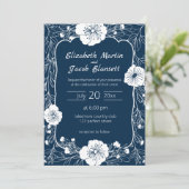 Floral Line Art White en Blue Wedding Invitation Kaart (Staand voorkant)