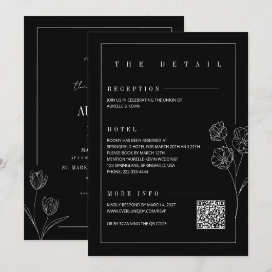 Floral Line Rustic Black Elegant All in Wedding  Kaart (Voorkant / Achterkant)