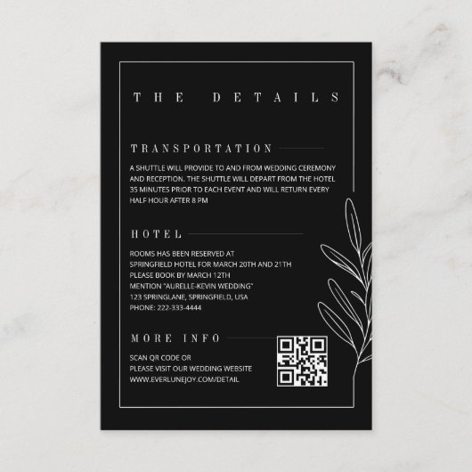 Floral Line Rustic Black Elegant Wedding Details Informatiekaartje (Voorkant)