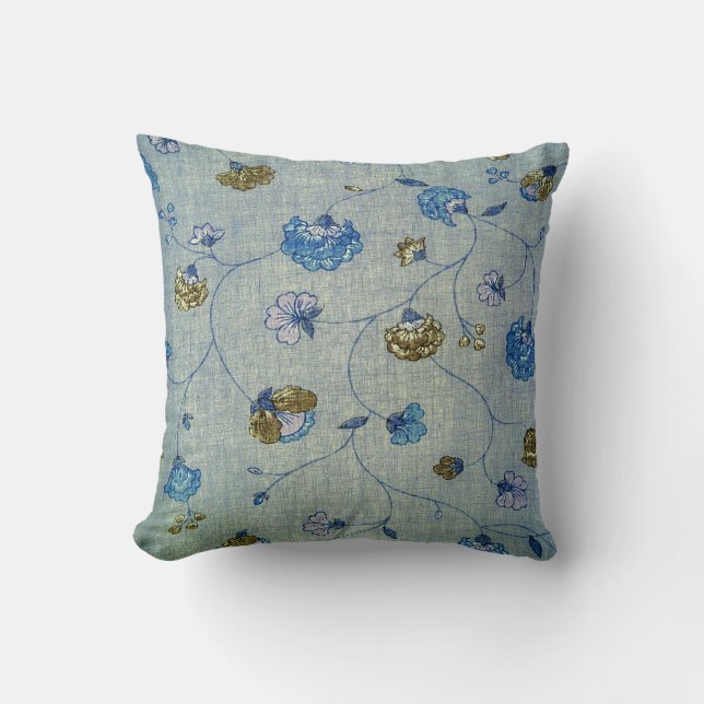  Floral Linen met Blauwe en goudbloemen Kussen (Voorkant)