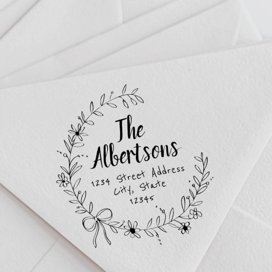 Floral lint krans familienaam retouradres rubberstempel