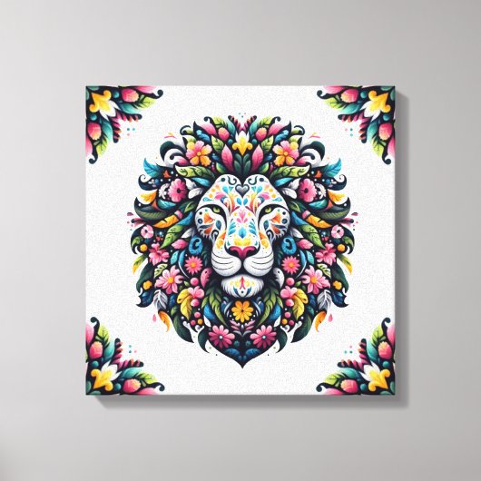 Floral Lion Silhouette Canvas Afdruk (Voorkant)