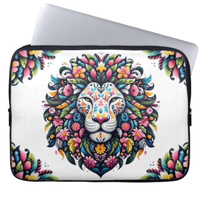 Floral Lion Silhouette Laptop Sleeve (Voorkant)