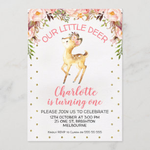 Floral Little Deer Birthday Party Invitation Kaart