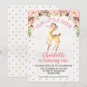 Floral Little Deer verjaardagsfeestje uitnodiging (Voorkant / Achterkant)