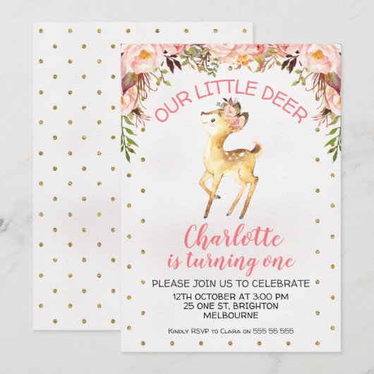 Floral Little Deer verjaardagsfeestje uitnodiging (Voorkant / Achterkant)