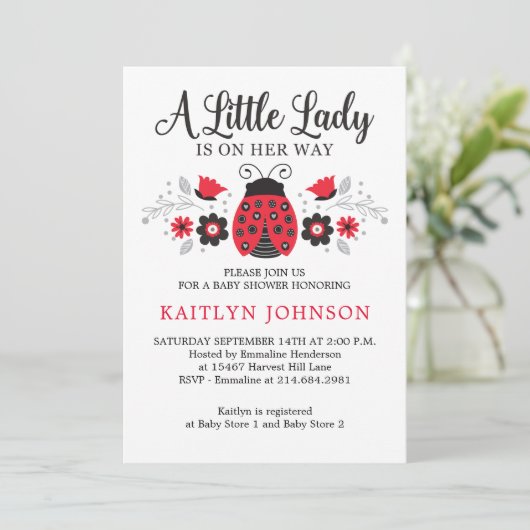 Floral Little Lady Ladybug Meisje Baby shower Kaart (Staand voorkant)