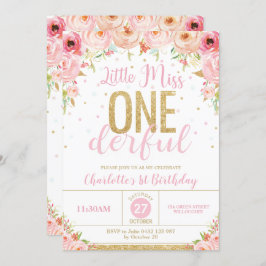 Floral Little Miss Onederful 1st Birthday Gold Kaart