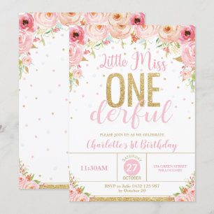 Floral Little Miss Onederful 1st Birthday Gold Kaart