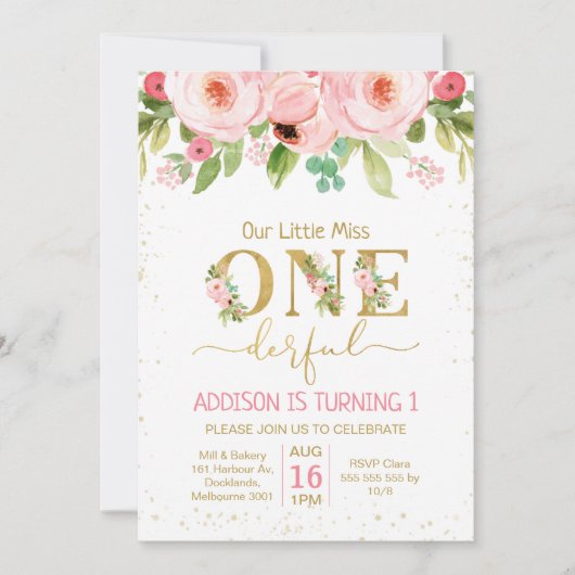 Floral Little Miss Onederful Birthday Invitation Kaart (Voorkant)