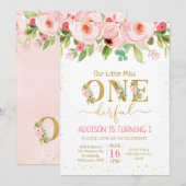 Floral Little Miss Onederful Birthday Invitation Kaart (Voorkant / Achterkant)