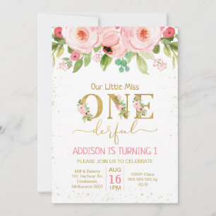 Floral Little Miss Onederful Birthday Invitation Kaart