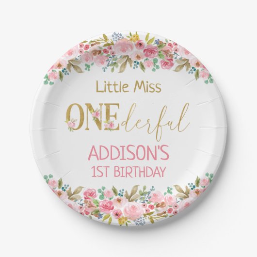Floral Little Miss Onederful First Birthday  Papieren Bordje (Voorkant)
