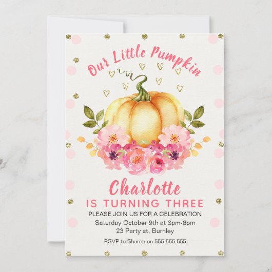 Floral Little Pumpkin Birthday Invitation Kaart (Voorkant)