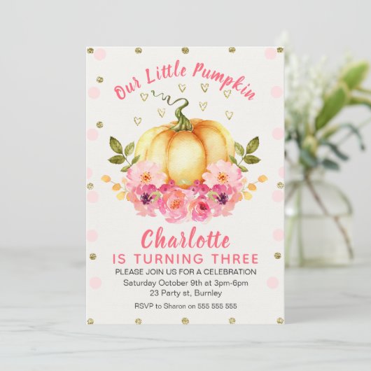 Floral Little Pumpkin Birthday Invitation Kaart (Staand voorkant)