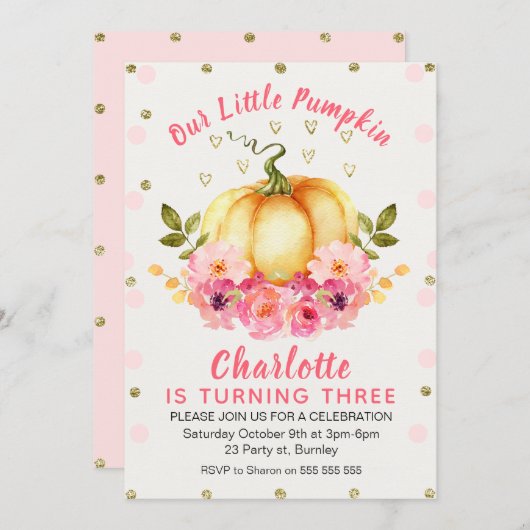 Floral Little Pumpkin Birthday Invitation Kaart (Voorkant / Achterkant)