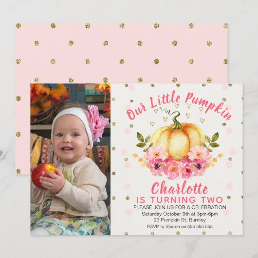 Floral Little Pumpkin Photo Birthday Invitation Kaart (Voorkant / Achterkant)