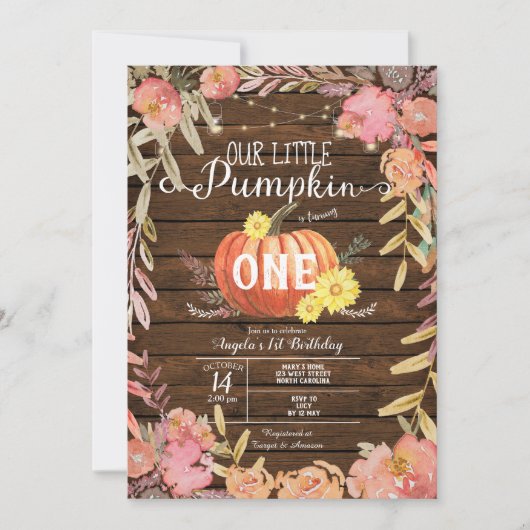 Floral Little Pumpkin Wood Herfst 1e verjaardag Kaart (Voorkant)
