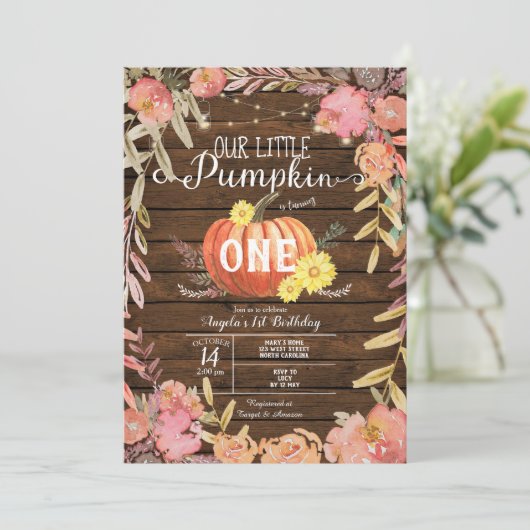 Floral Little Pumpkin Wood Herfst 1e verjaardag Kaart (Staand voorkant)